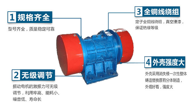 VB振動電機特點：1，規格齊全：型號齊全，質量穩定可靠。2，無極調節：振動電機的激振力可無極調節，利用率高，能耗小，噪音低，壽命長。4，外殼輕度大：外殼采用消失模一次性整體鑄造替換原有分體制造，外觀好看，強度大。