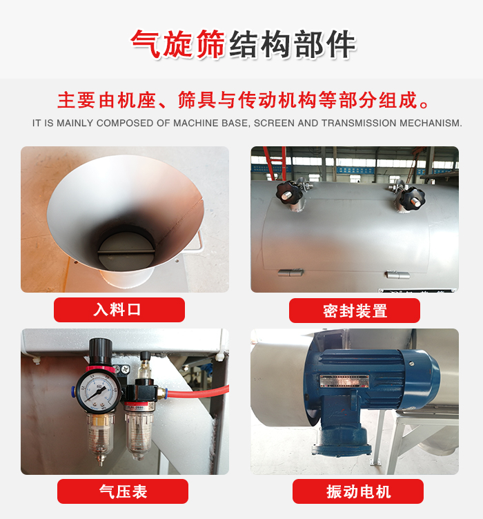 氣旋篩結構：入料口，密封裝置，電機，氣壓表等